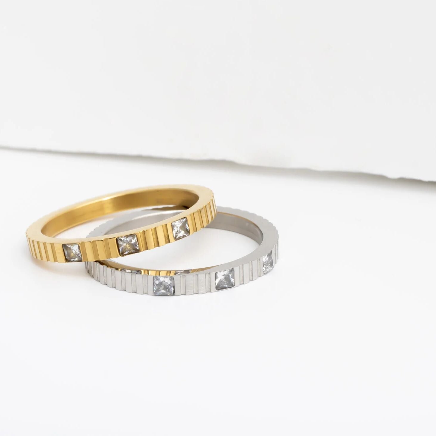 18K Gold Stacking Ring – Triple Stone Fluted Band | Tarnish Resistant Steel - Rings | Sunflower Soul Boutique