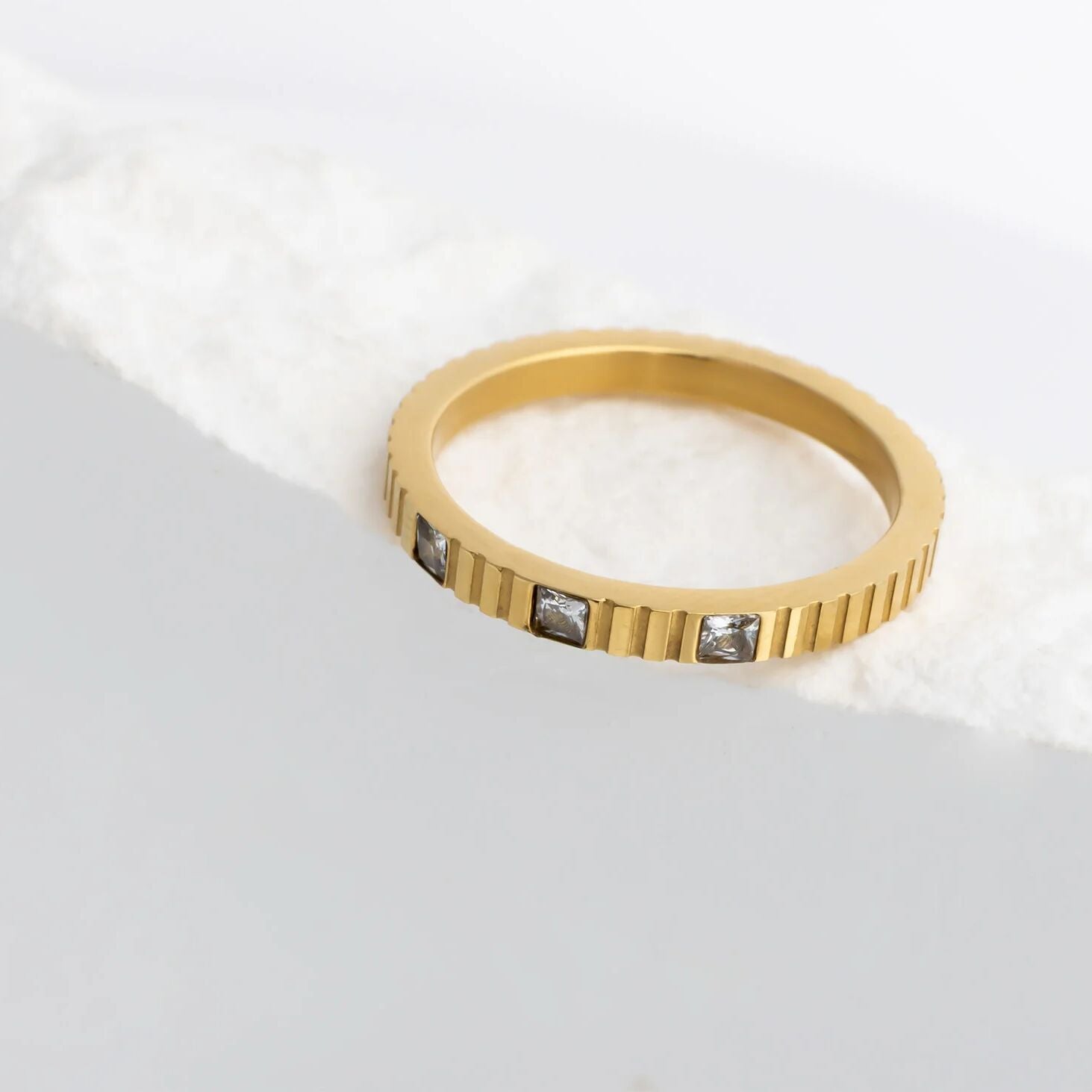 18K Gold Stacking Ring – Triple Stone Fluted Band | Tarnish Resistant Steel - Rings | Sunflower Soul Boutique