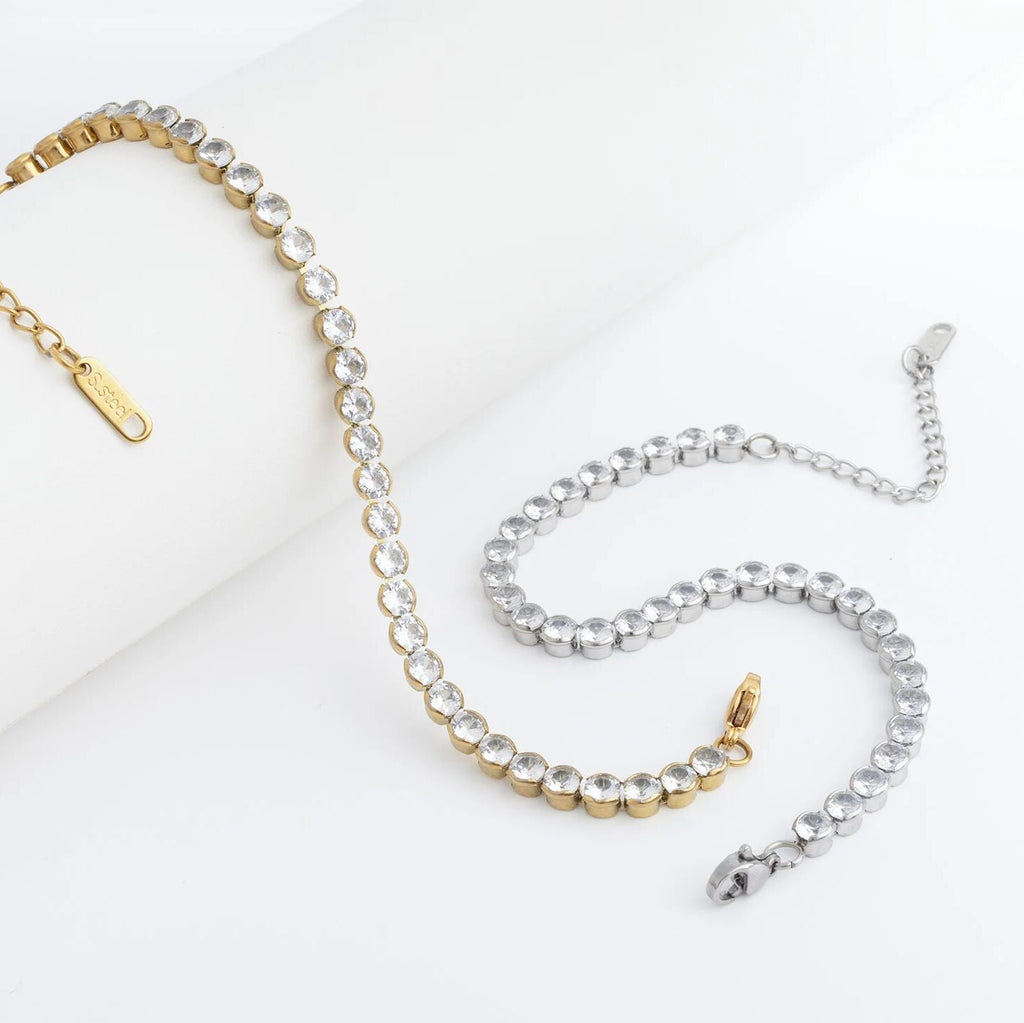18K Gold Tennis Bracelet - Stainless Steel CZ Chain With Secure Box Clasp - Bracelets | Sunflower Soul Boutique