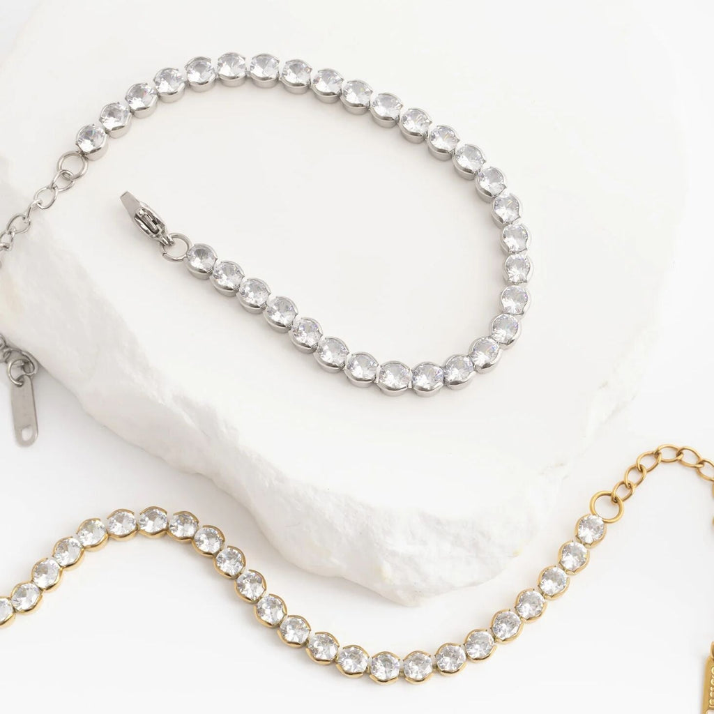 18K Gold Tennis Bracelet - Stainless Steel CZ Chain With Secure Box Clasp - Bracelets | Sunflower Soul Boutique