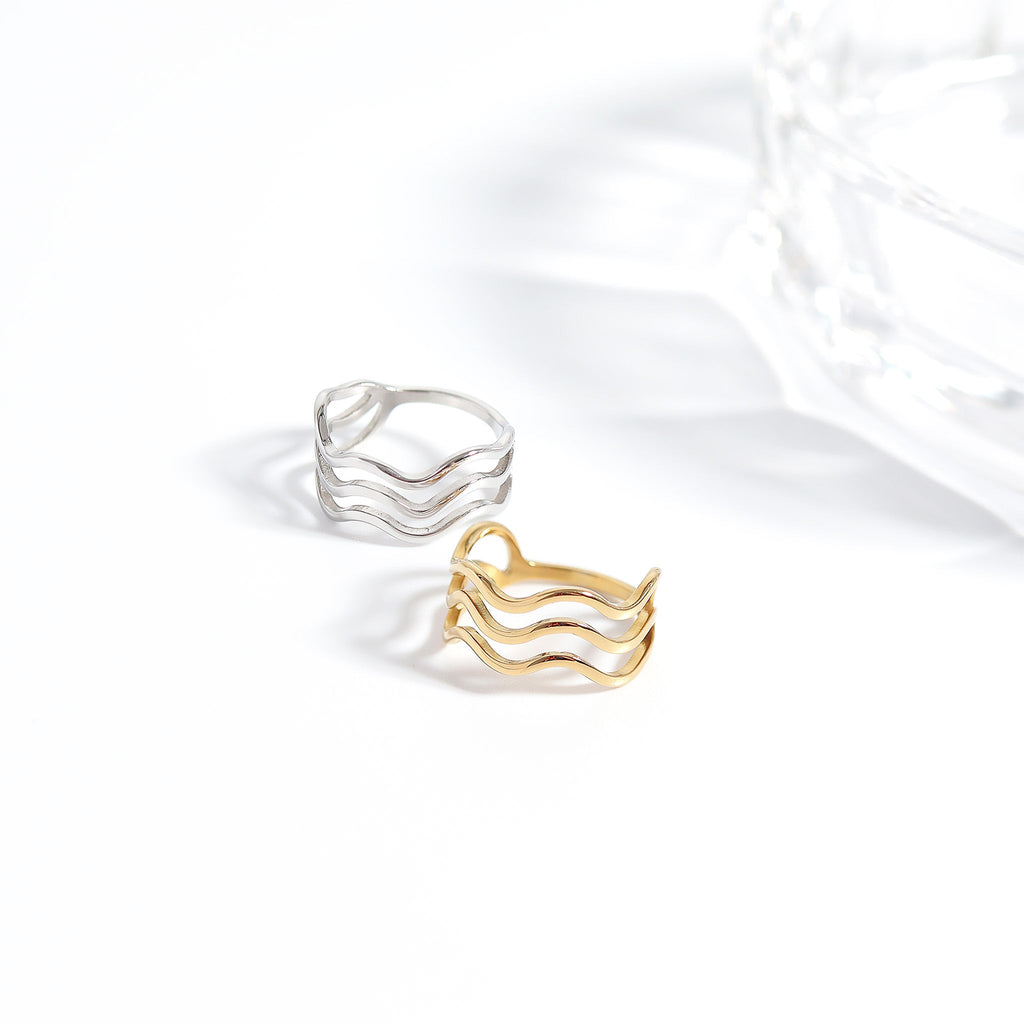 18K Gold Wave Ring – Triple Wave Stainless Steel Ring | Hypoallergenic Scratch Resistant - Ring | Sunflower Soul Boutique