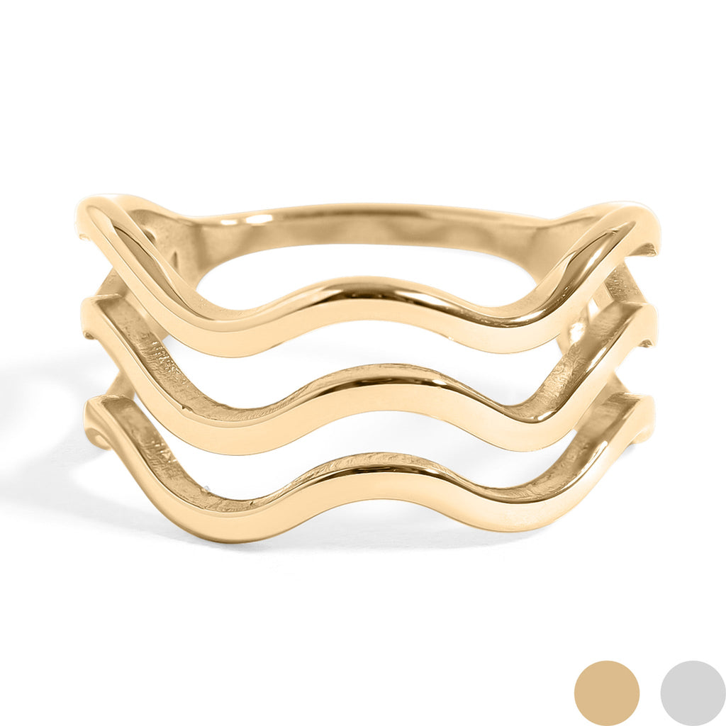 18K Gold Wave Ring – Triple Wave Stainless Steel Ring | Hypoallergenic Scratch Resistant - Ring | Sunflower Soul Boutique