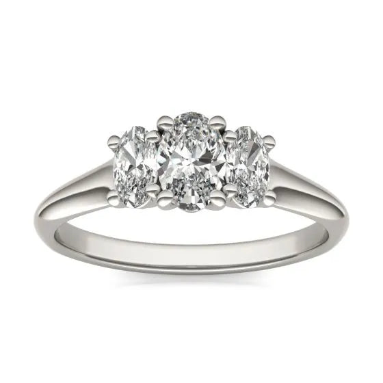 Lab Grown Diamond Ring – 1 CTW Oval Cut Three Stone Engagement | 14K White Gold Trellis Setting