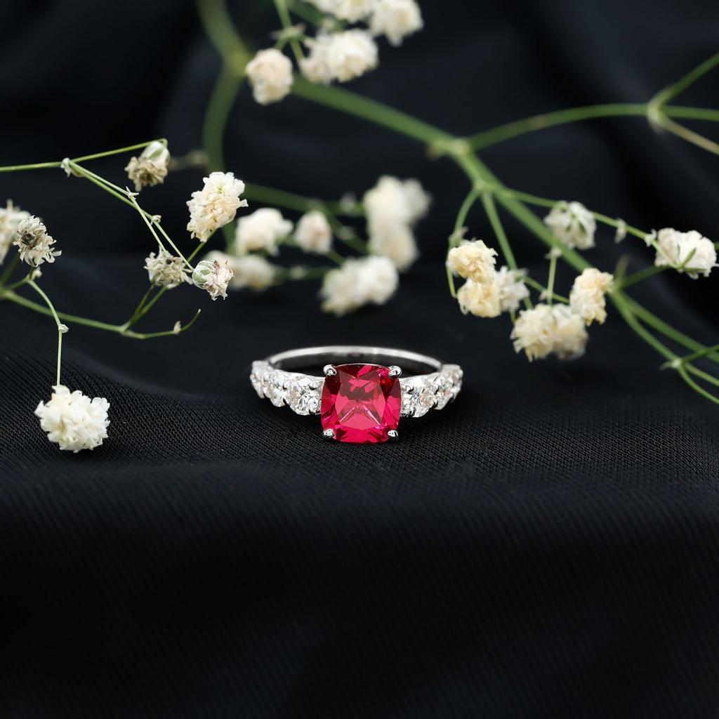 2 Carat Cushion Cut Lab Created Ruby Engagement Ring with Side Stones