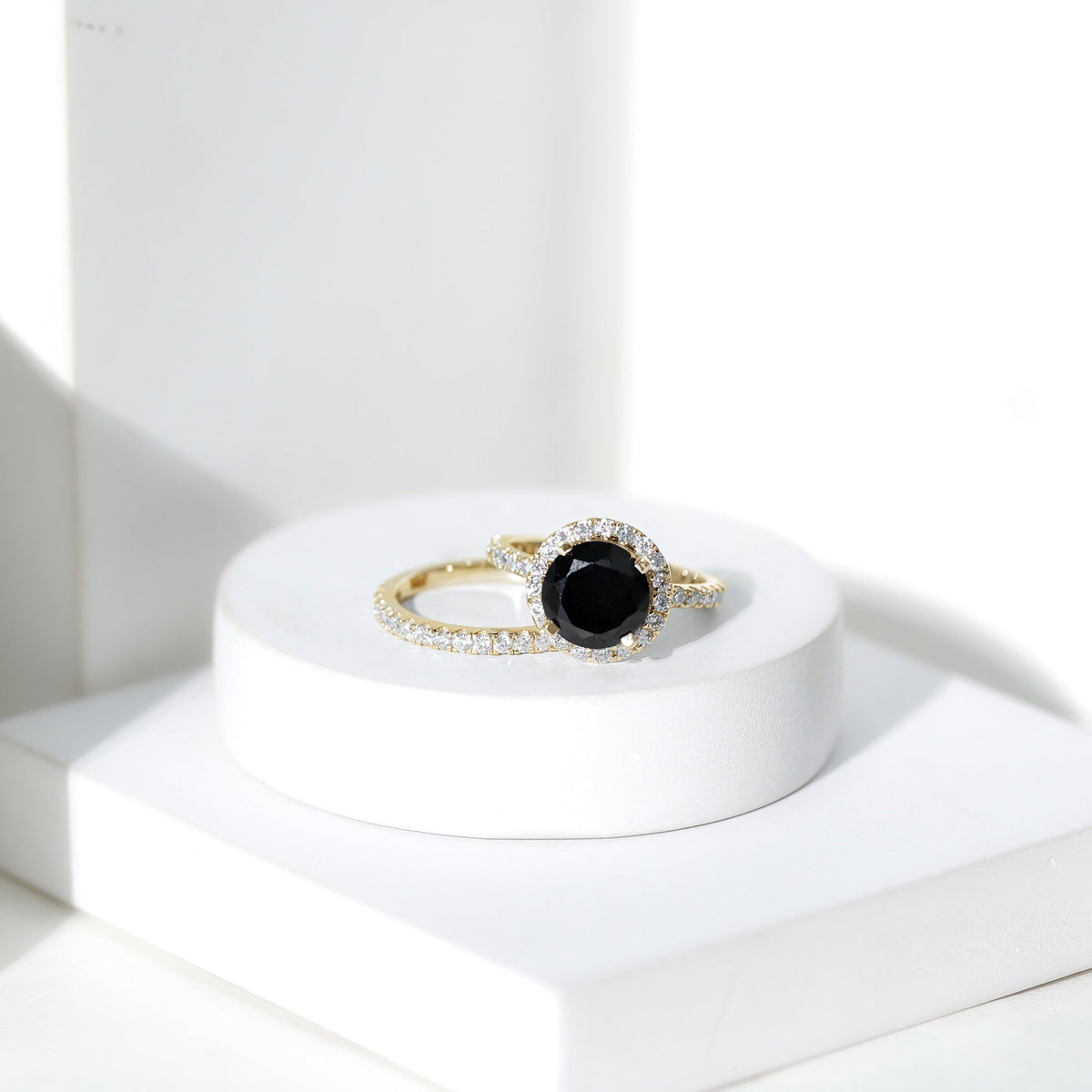 2 Carat Lab Grown Black Diamond Engagement Ring with Moissanite Wedding Band