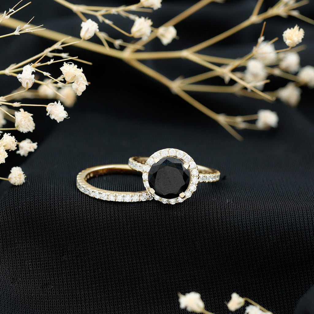 2 Carat Lab Grown Black Diamond Engagement Ring with Moissanite Wedding Band