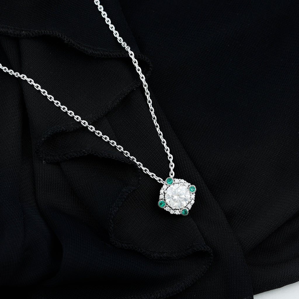 2 Carat Moissanite Necklace - Vintage Inspired Pendant with Lab Grown Emerald & Silver Chain