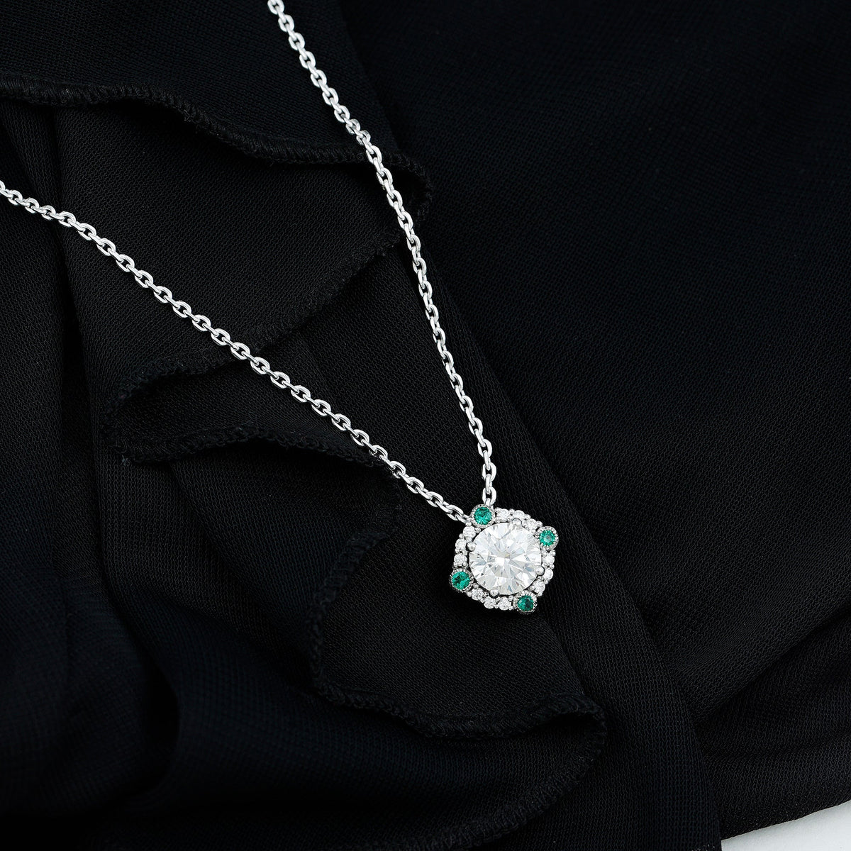 2 Carat Moissanite Necklace - Vintage Inspired Pendant with Lab Grown Emerald & Silver Chain