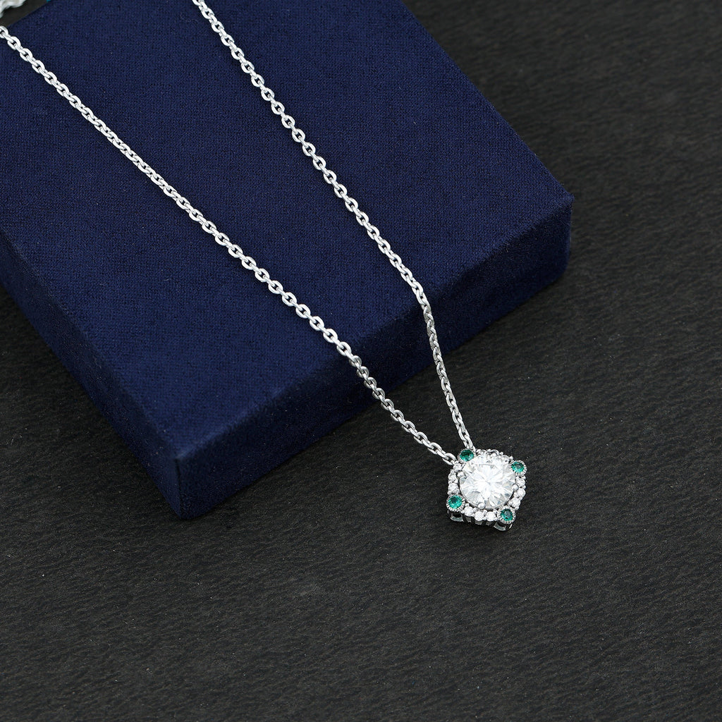 2 Carat Moissanite Necklace - Vintage Inspired Pendant with Lab Grown Emerald & Silver Chain