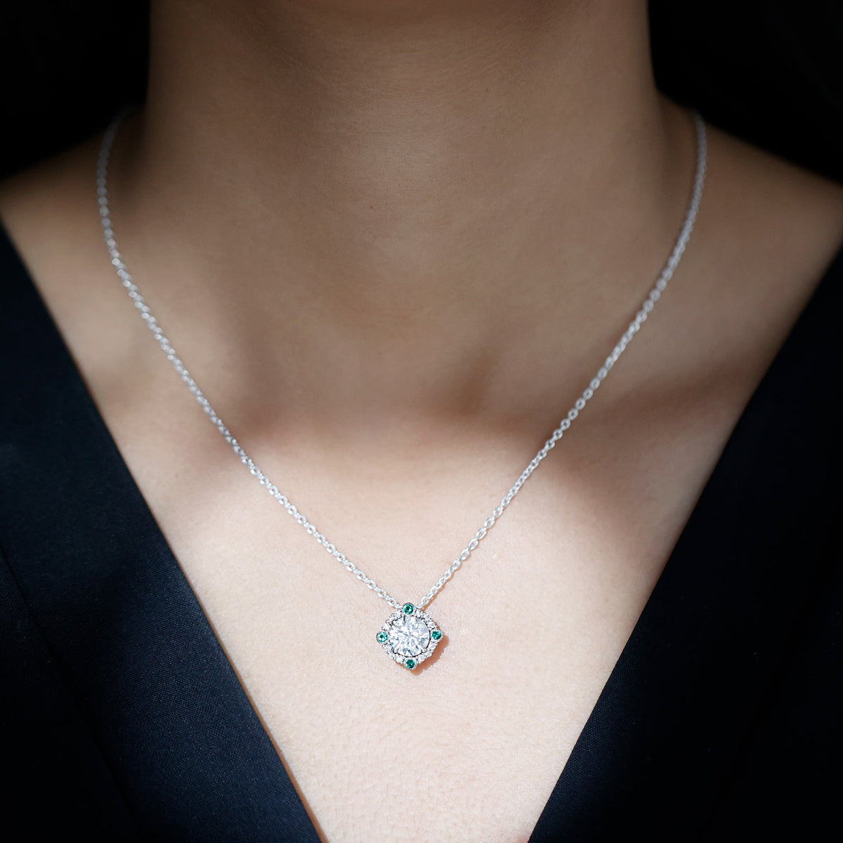 2 Carat Moissanite Necklace - Vintage Inspired Pendant with Lab Grown Emerald & Silver Chain