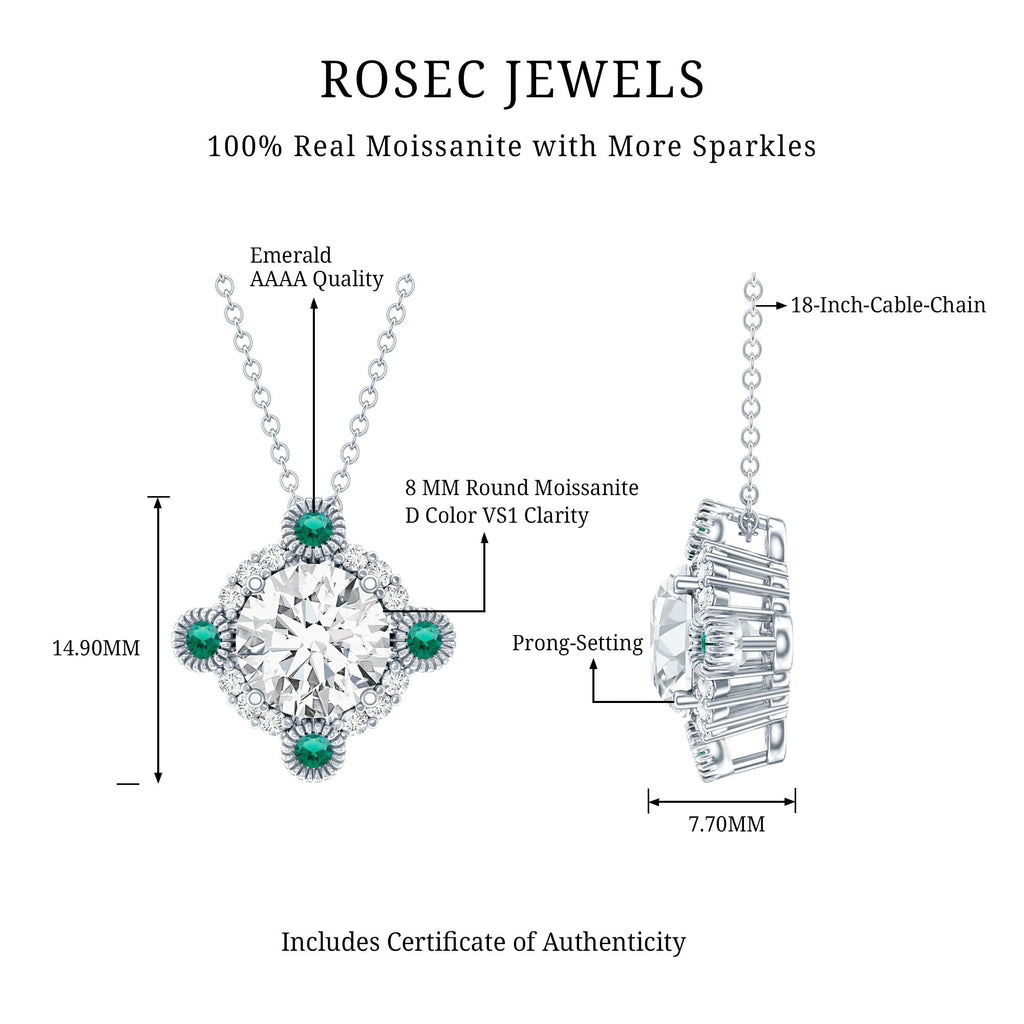 2 Carat Moissanite Necklace - Vintage Inspired Pendant with Lab Grown Emerald & Silver Chain