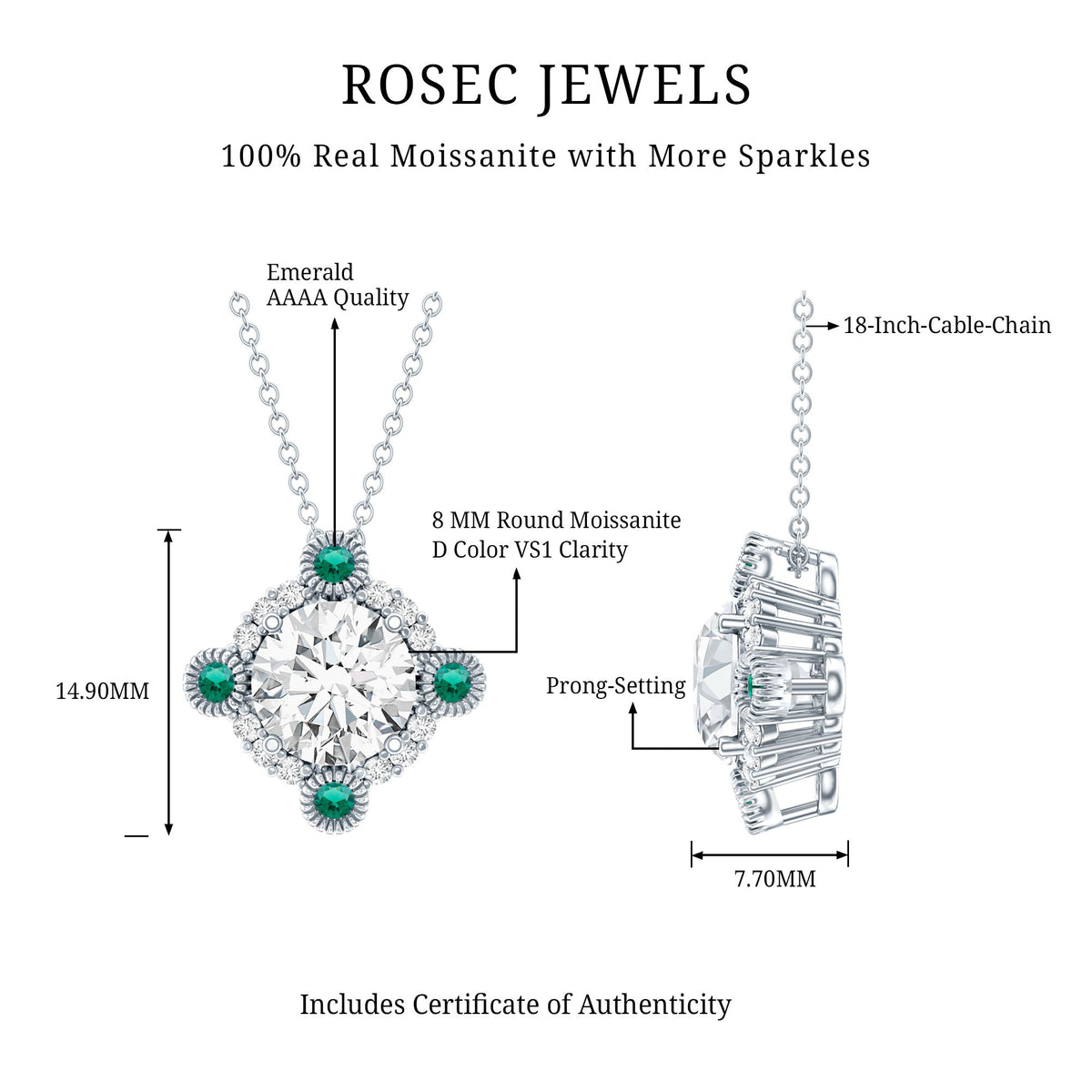 2 Carat Moissanite Necklace - Vintage Inspired Pendant with Lab Grown Emerald & Silver Chain