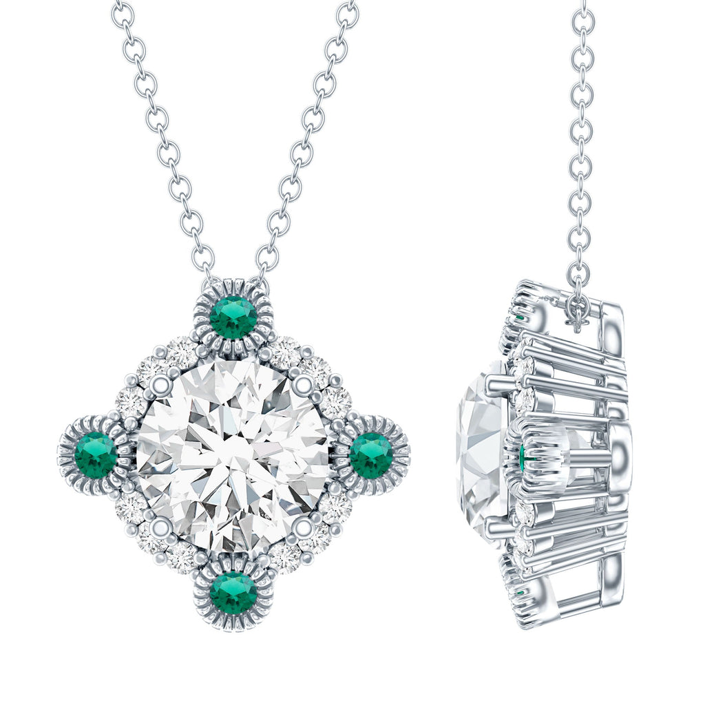2 Carat Moissanite Necklace - Vintage Inspired Pendant with Lab Grown Emerald & Silver Chain
