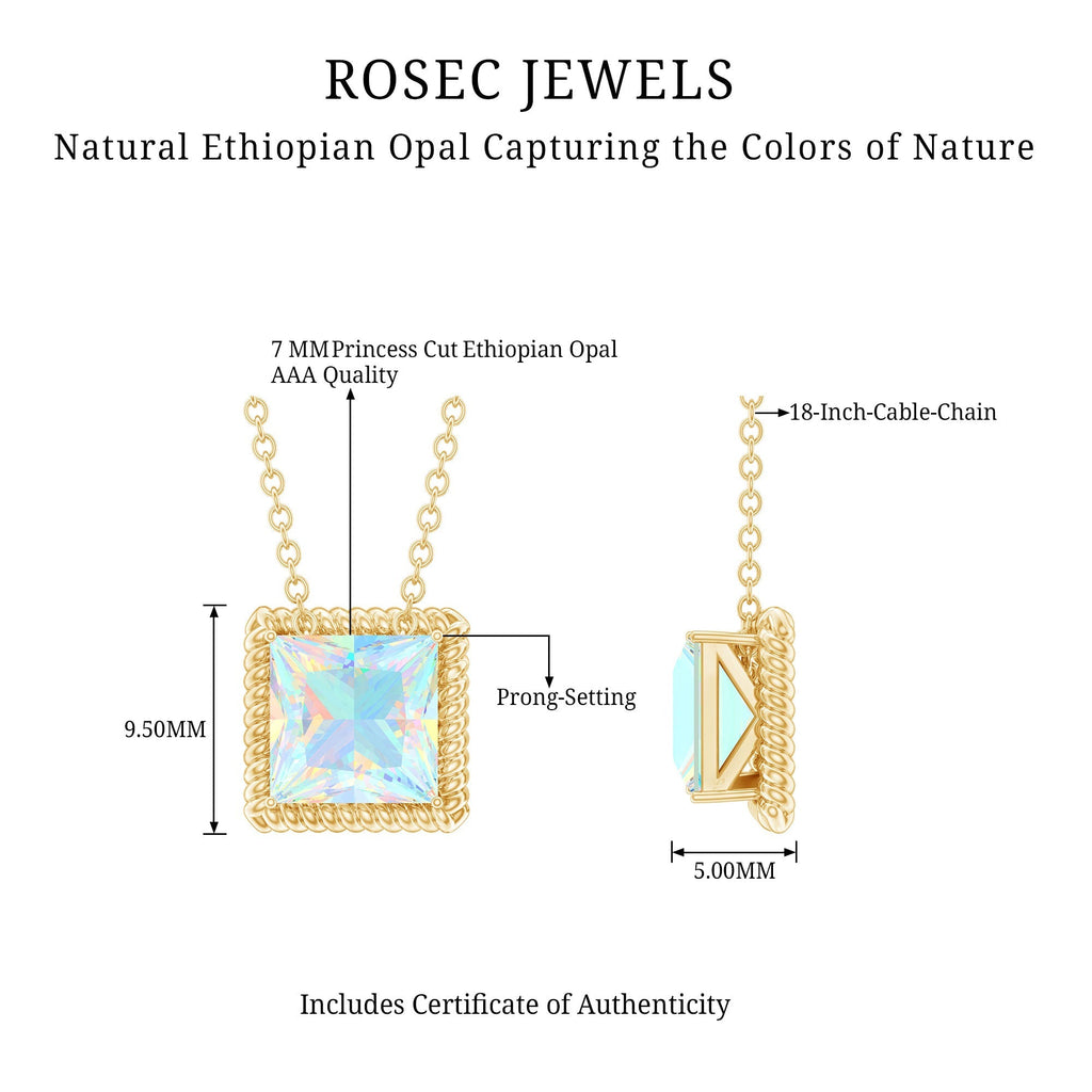 2 Carat Princess Cut Ethiopian Opal Solitaire Necklace with Rope Frame
