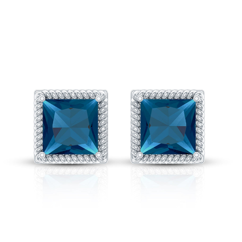 2 Carat Princess Cut London Blue Topaz Stud Earrings