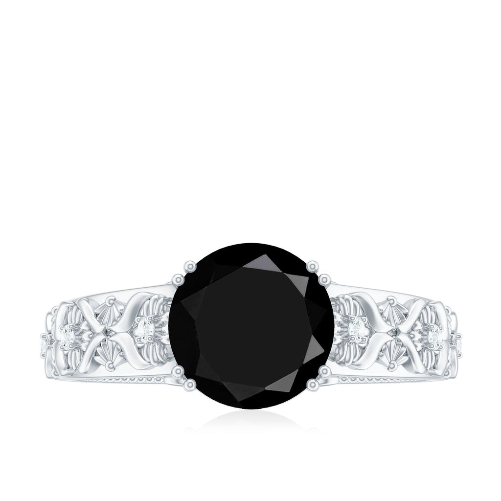 2 Carat Round Black Onyx Solitaire Antique Looking Engagement Ring with Diamond