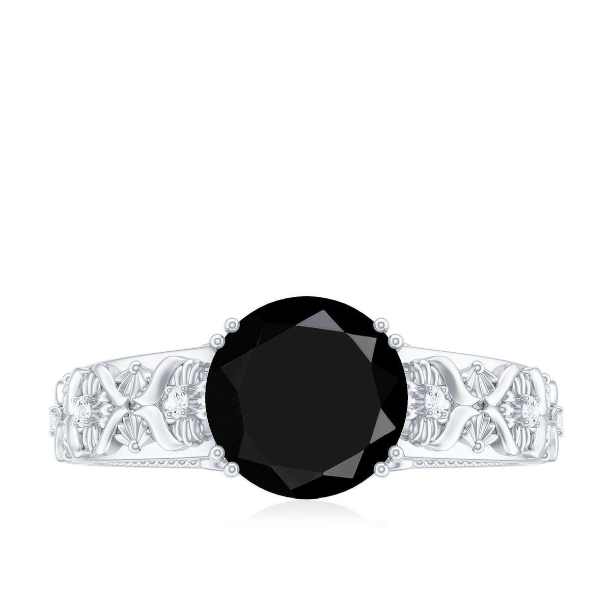 2 Carat Round Black Onyx Solitaire Antique Looking Engagement Ring with Diamond