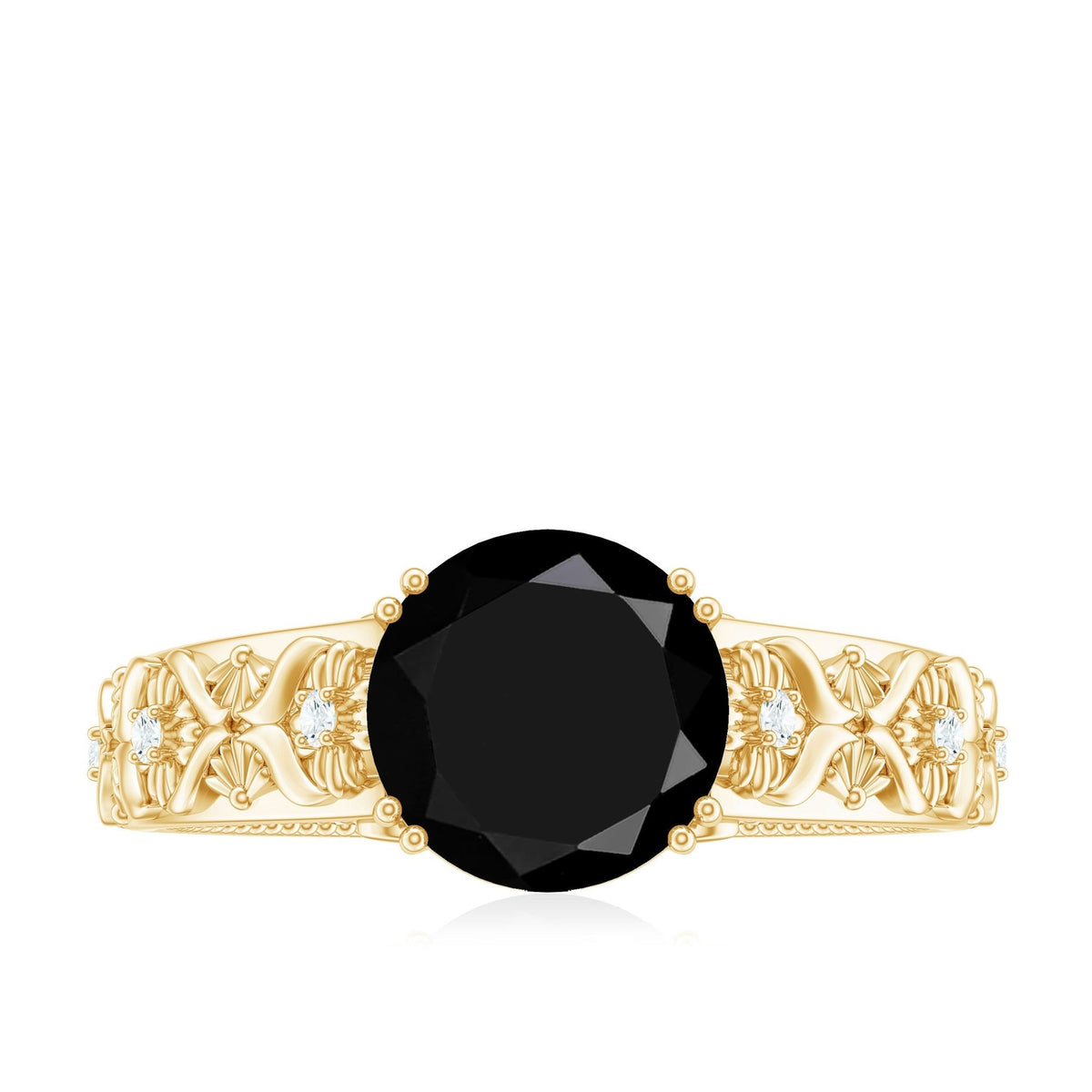 2 Carat Round Black Onyx Solitaire Antique Looking Engagement Ring with Diamond