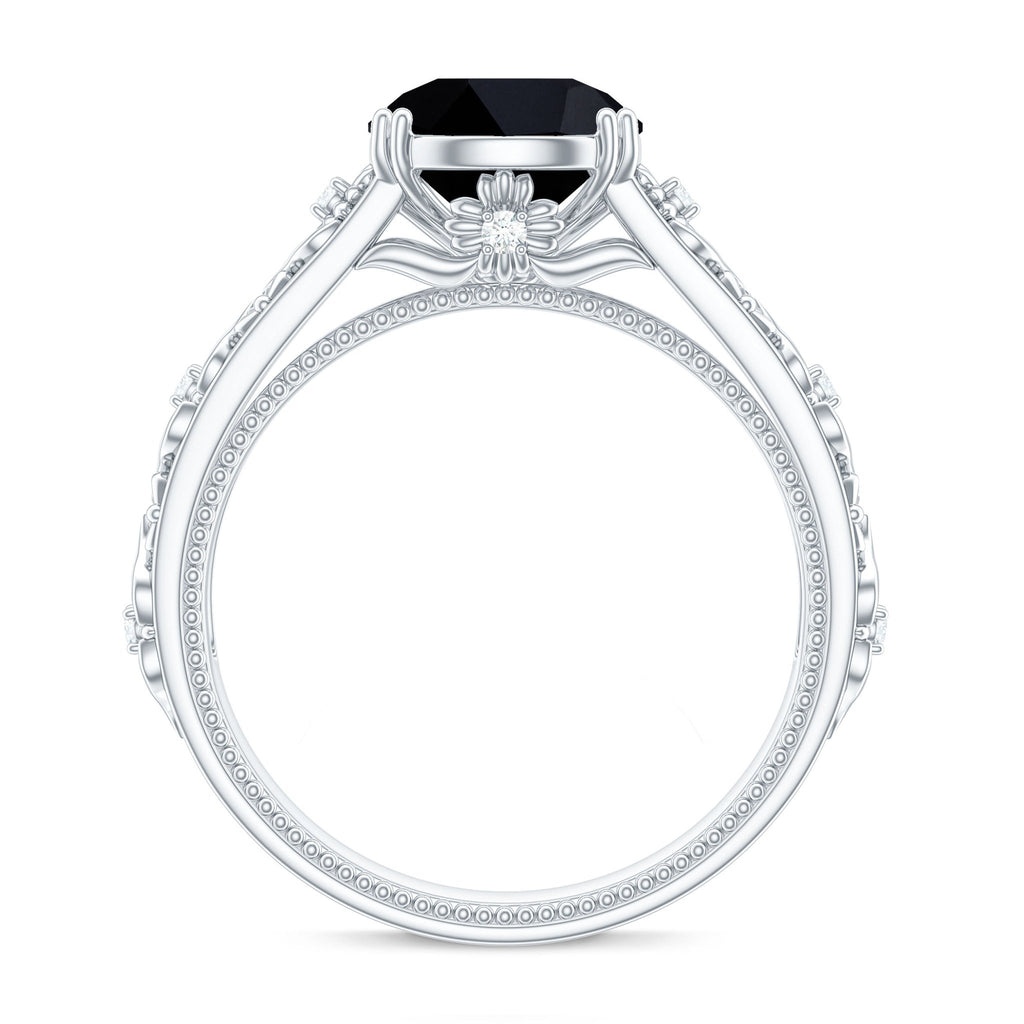 2 Carat Round Black Onyx Solitaire Antique Looking Engagement Ring with Diamond