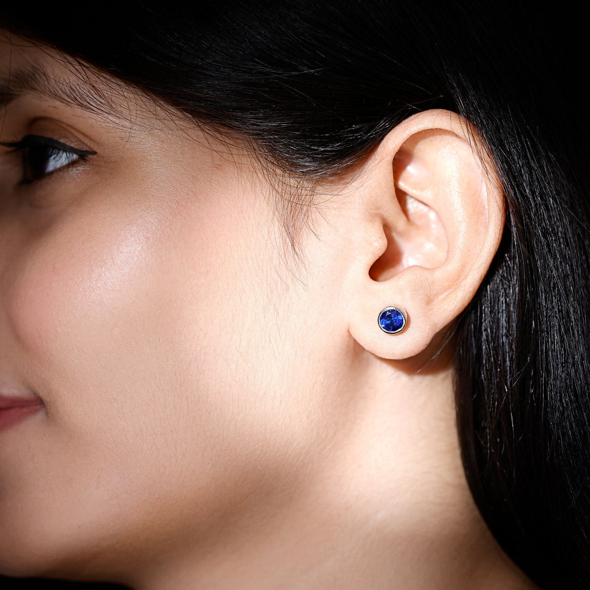 2 Carat Round Lab Created Blue Sapphire Stud Earrings in Bezel Setting