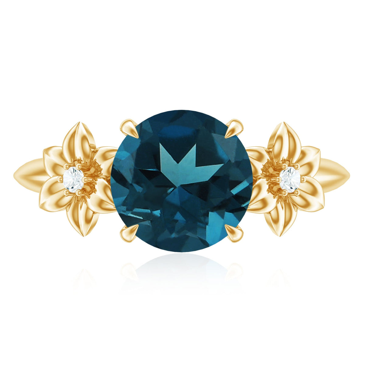 2 Carat Round London Blue Topaz Solitaire Floral Engagement Ring