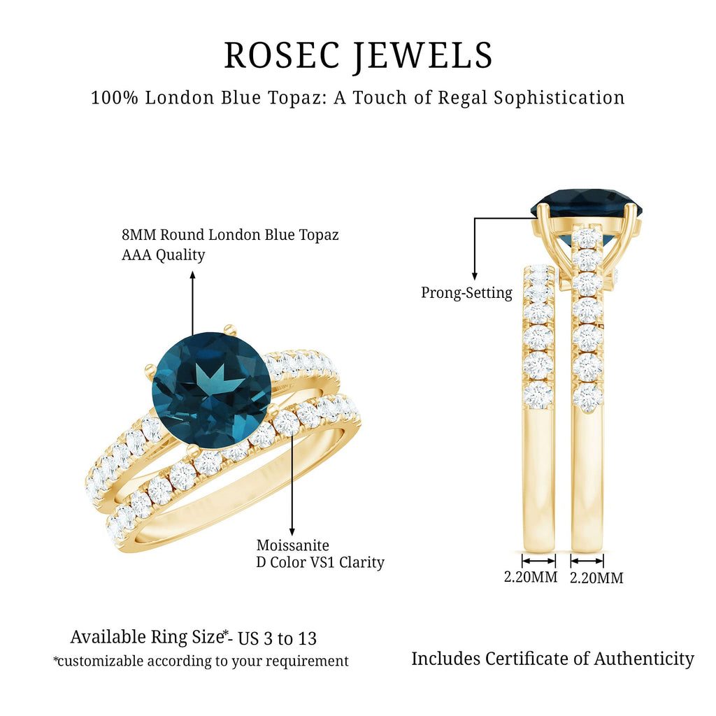 2 Carat Round London Blue Topaz Solitaire Rings Set with Moissanite Band