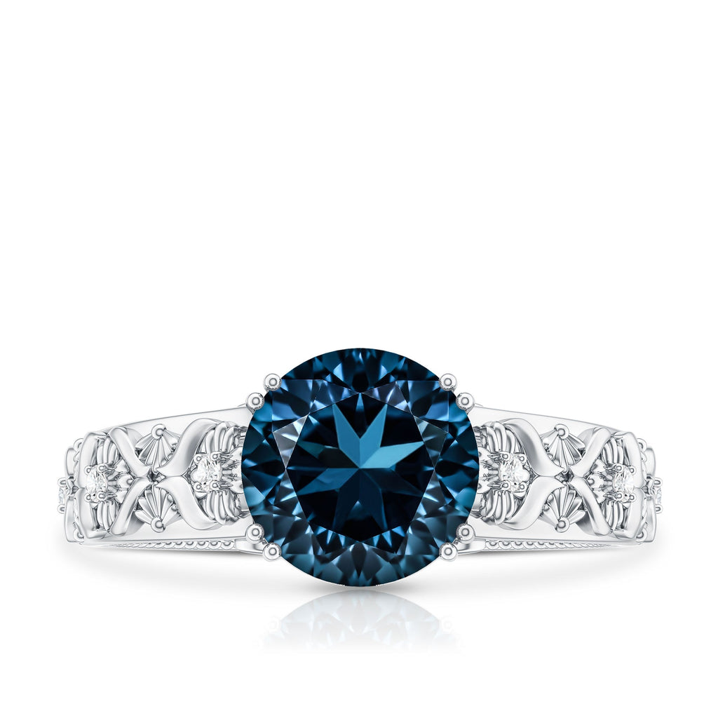 2 Carat Round London Blue Topaz Vintage Engagement Ring with Certificate