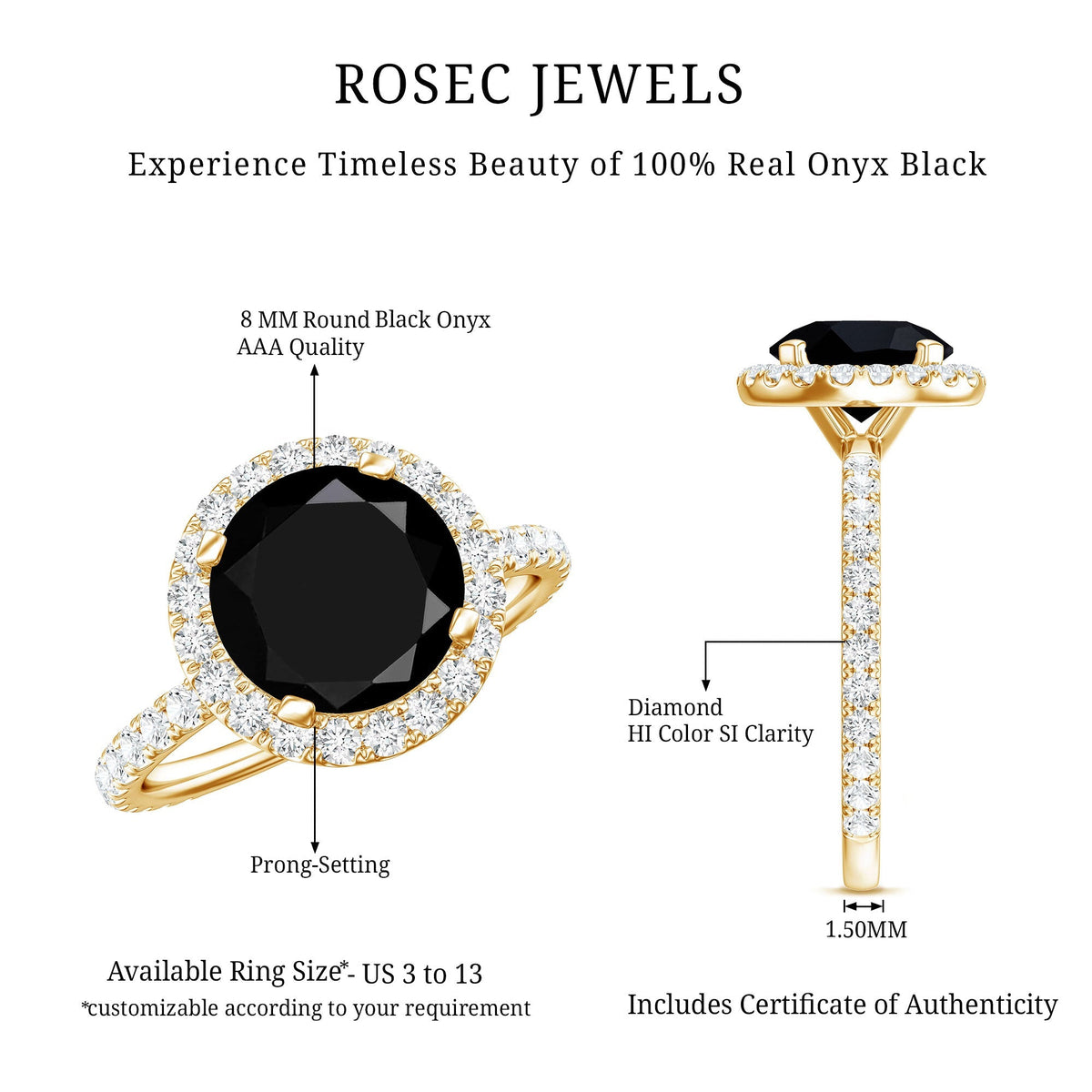 2 Carat Round Shape Black Onyx Engagement Ring with Diamond Halo