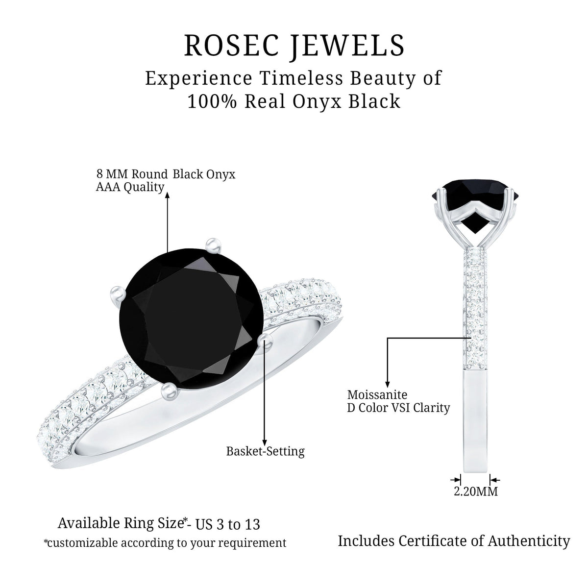 2 Carat Solitaire Black Onyx Engagement Ring with Moissanite