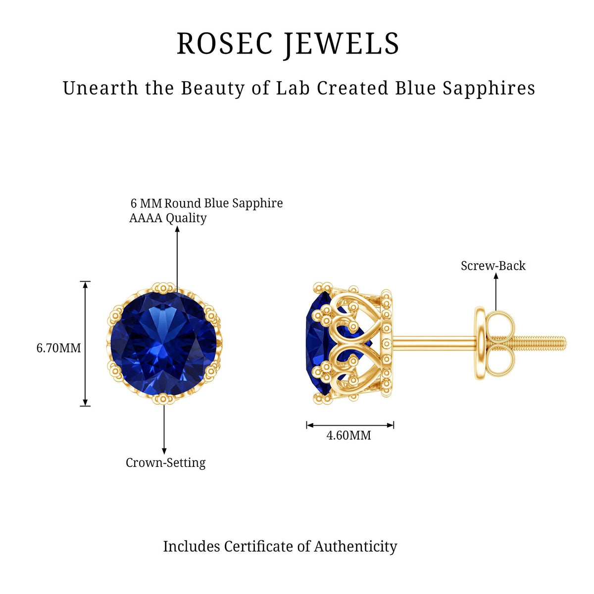 2 Carat Solitaire Lab Created Blue Sapphire Crown Stud Earrings