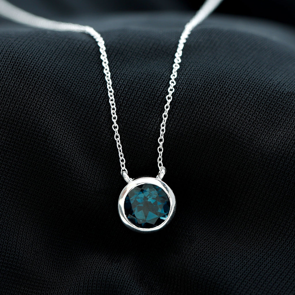 2 Carat Solitaire London Blue Topaz Chain Necklace in Bezel Setting