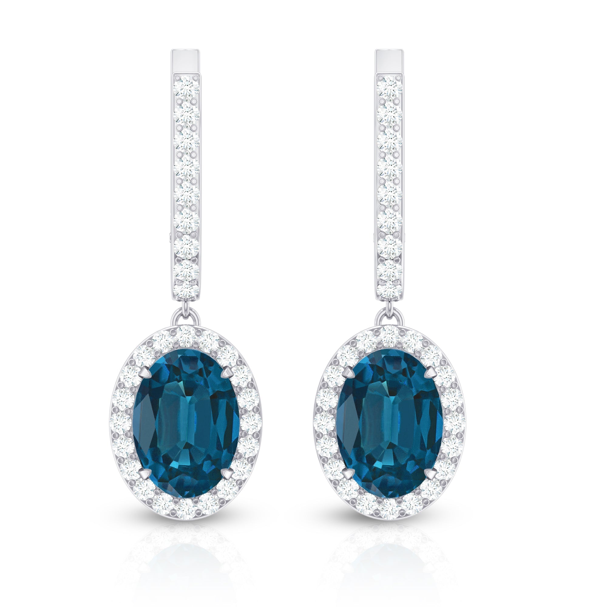2.2 Carat Oval London Blue Topaz and Diamond Hoop Drop Earrings