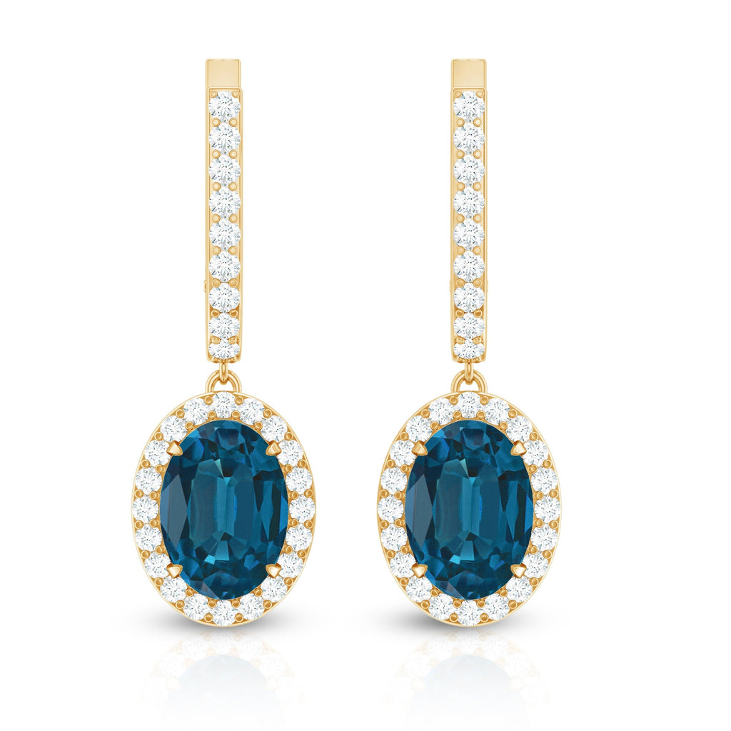 2.2 Carat Oval London Blue Topaz and Diamond Hoop Drop Earrings