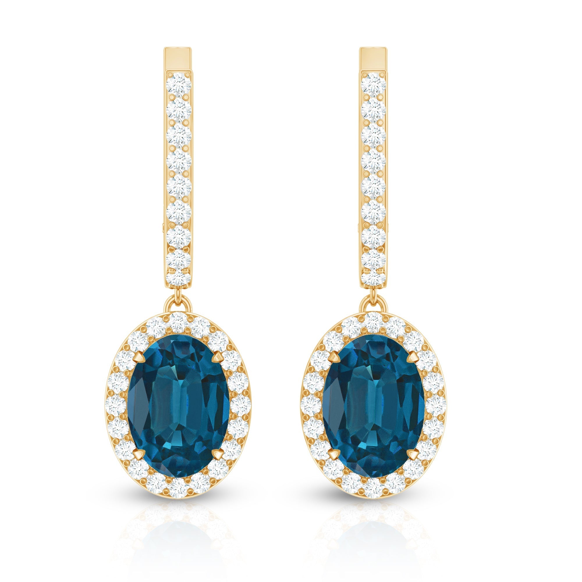 2.2 Carat Oval London Blue Topaz and Diamond Hoop Drop Earrings
