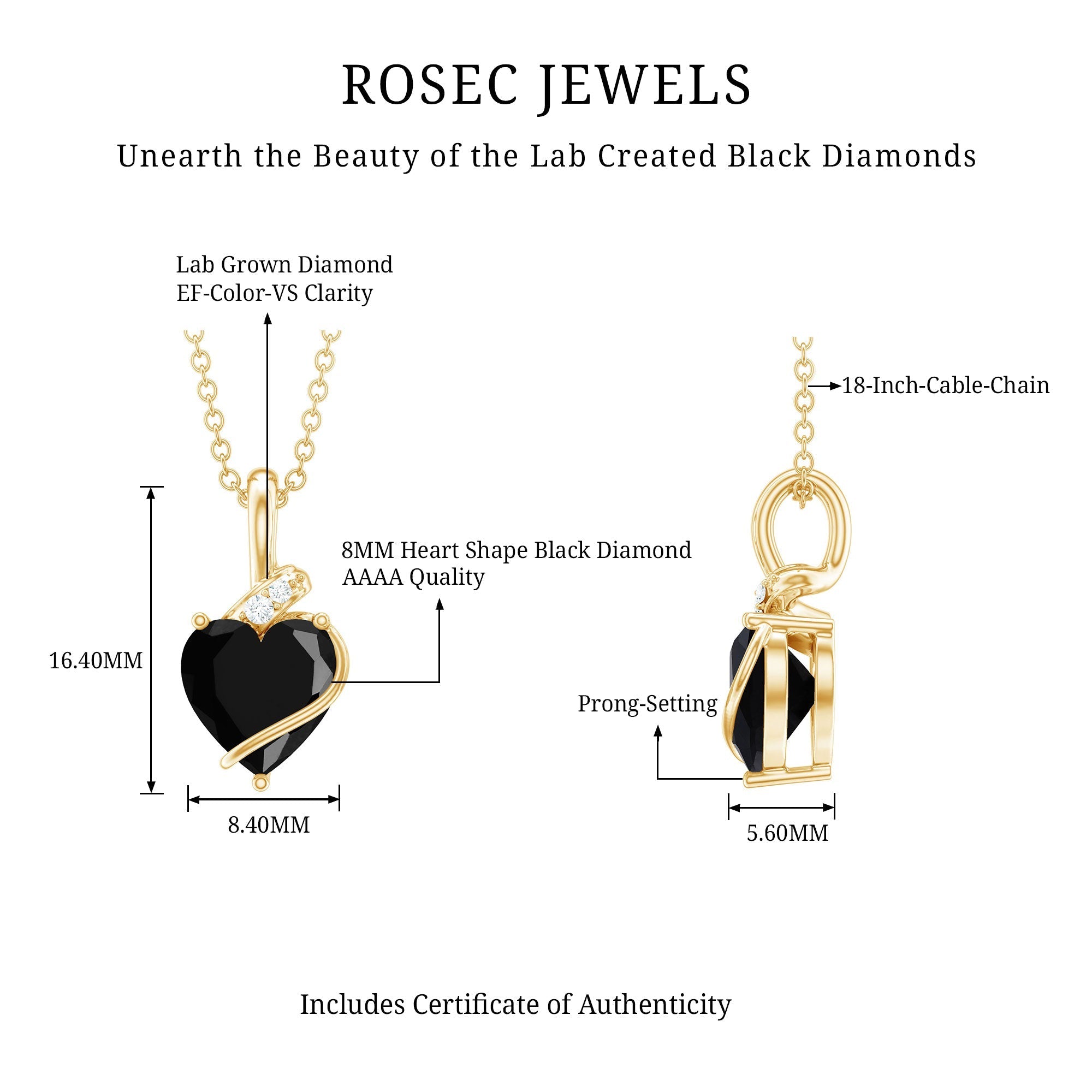 2.4 Carat Heart Lab Grown Black and White Diamond Solitaire Necklace