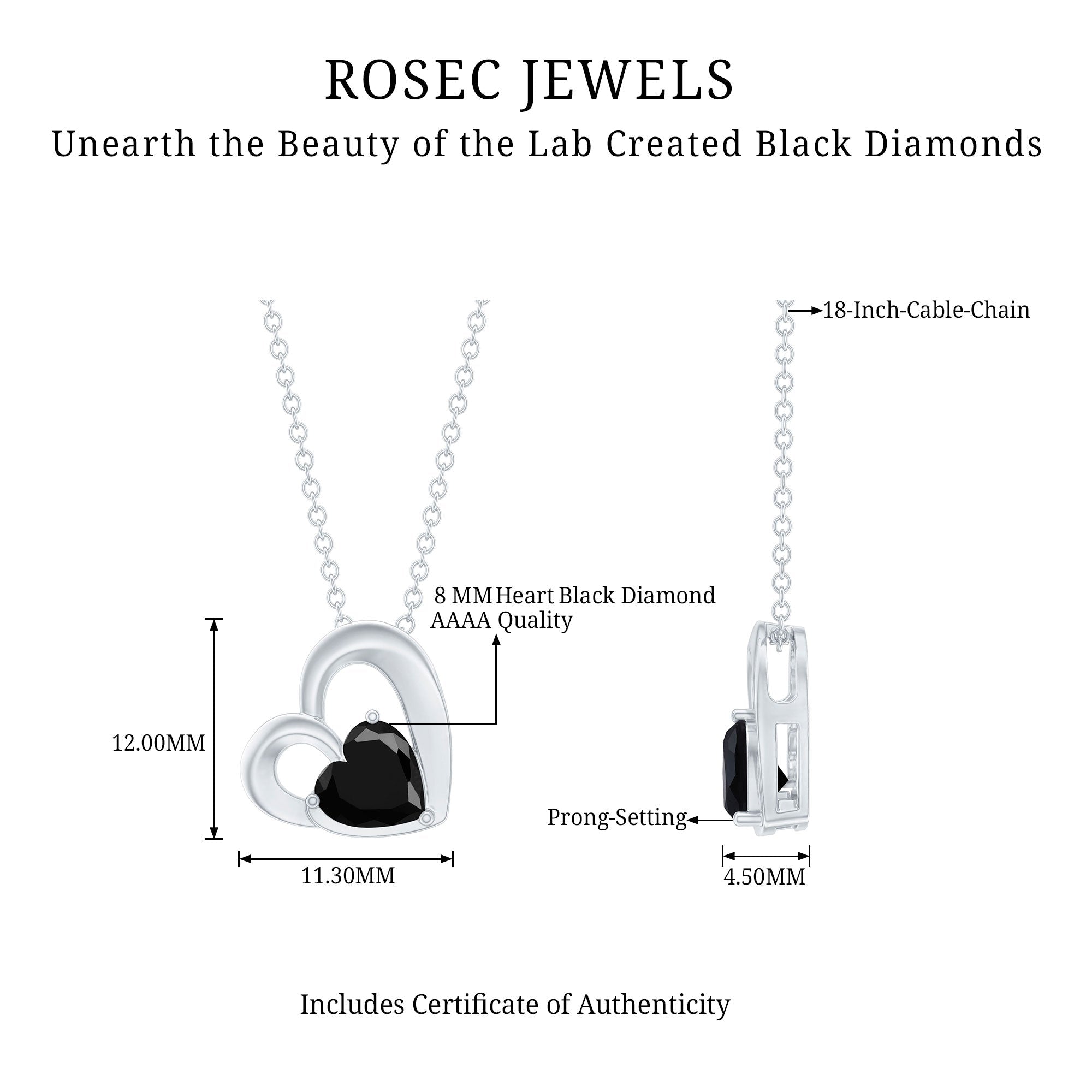 2.4 Carat Heart Lab Grown Black Diamond Solitaire Necklace