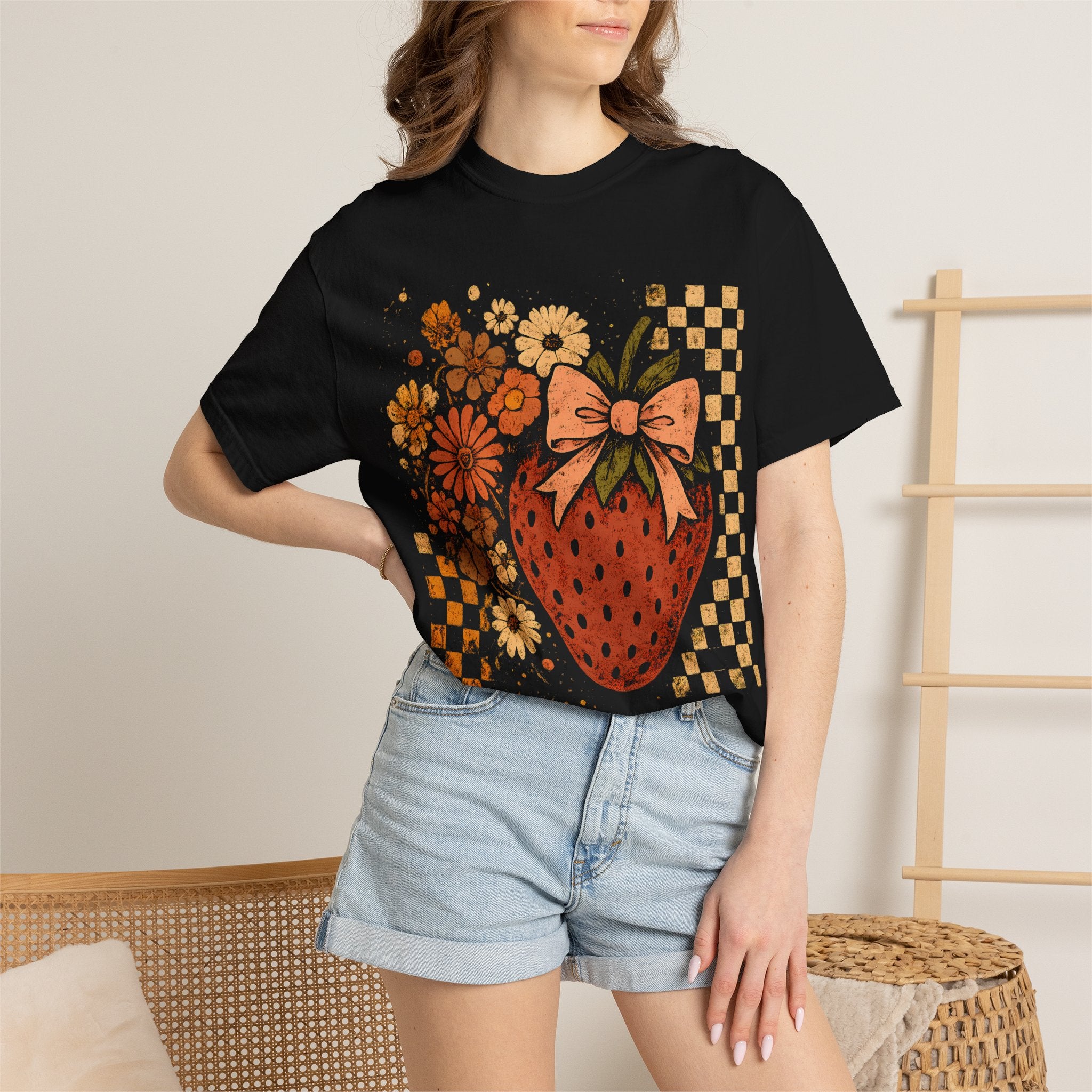 Vintage Strawberry T-Shirt - Floral Print Tee | Soft Cotton Retro Style Shirt