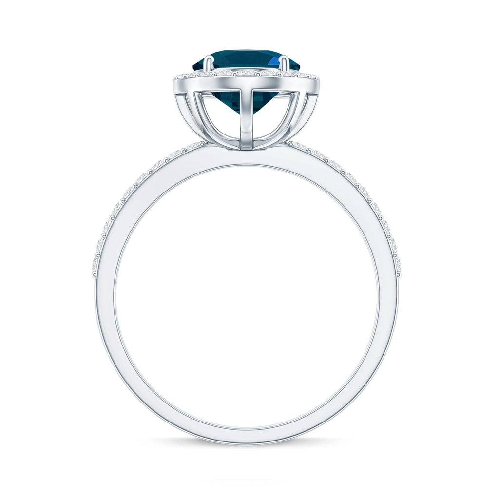 2.5 Carat Oval Cut London Blue Topaz Oblong Engagement Ring with Diamond Halo