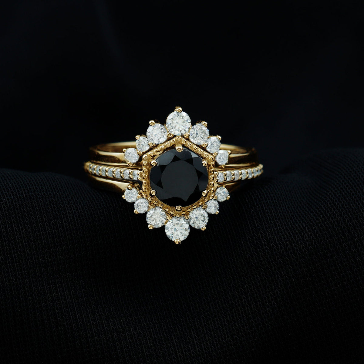 2.6 Carat Vintage Style Black Spinel 3 Piece Ring Set with Moissanite