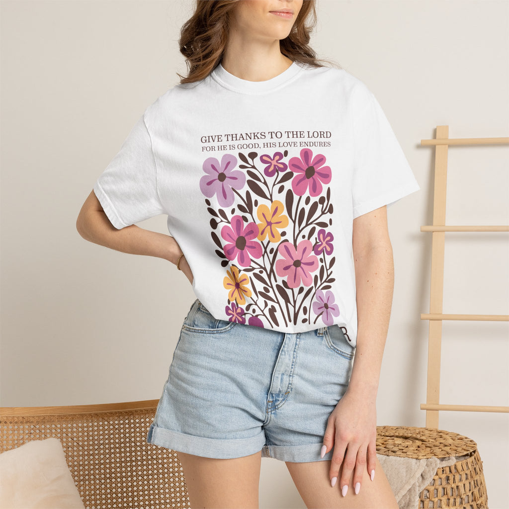 Give Thanks Tee - Floral Graphic Christian T-Shirt | Soft Cotton Comfort Colors