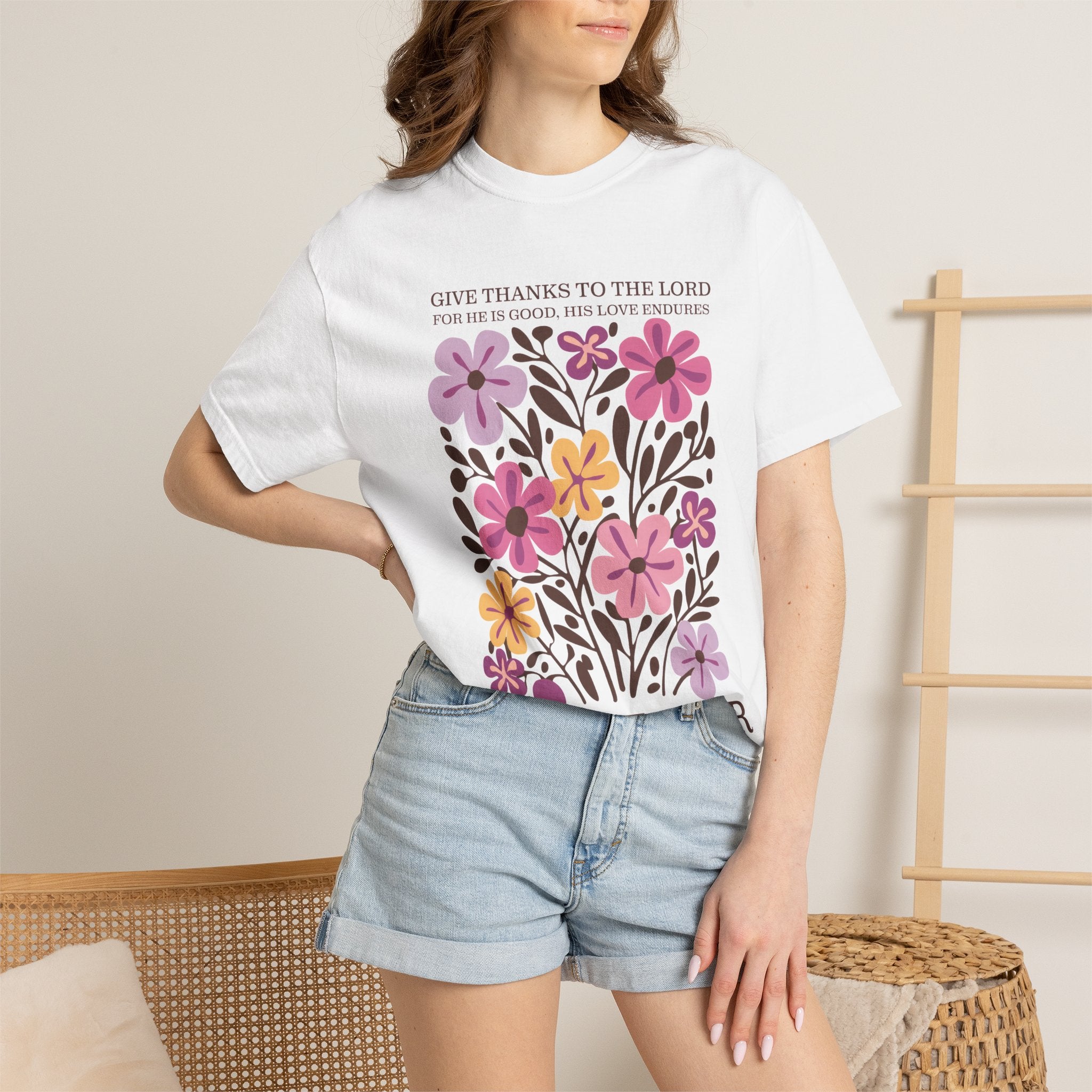 Give Thanks Tee - Floral Graphic Christian T-Shirt | Soft Cotton Comfort Colors