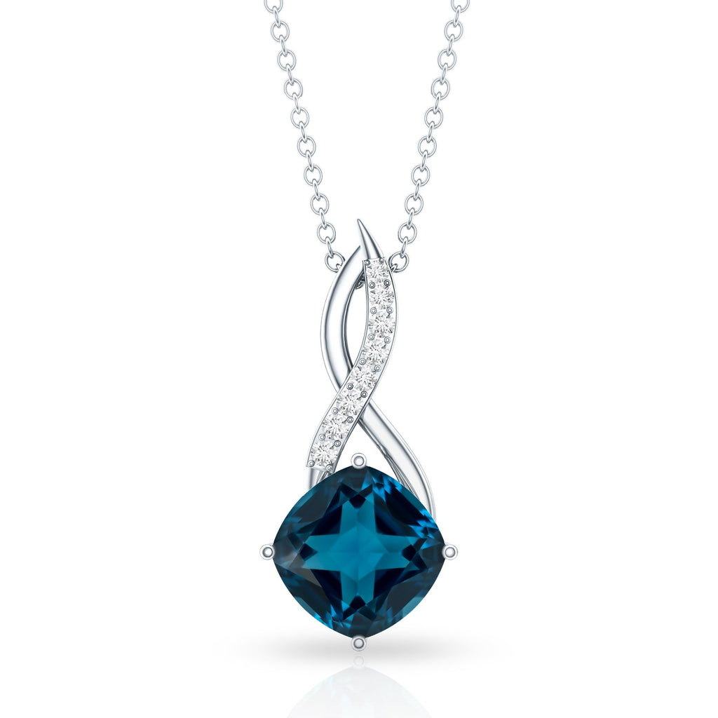 2.8 Carat Cushion Cut London Blue Topaz Infinity Pendant with Diamond