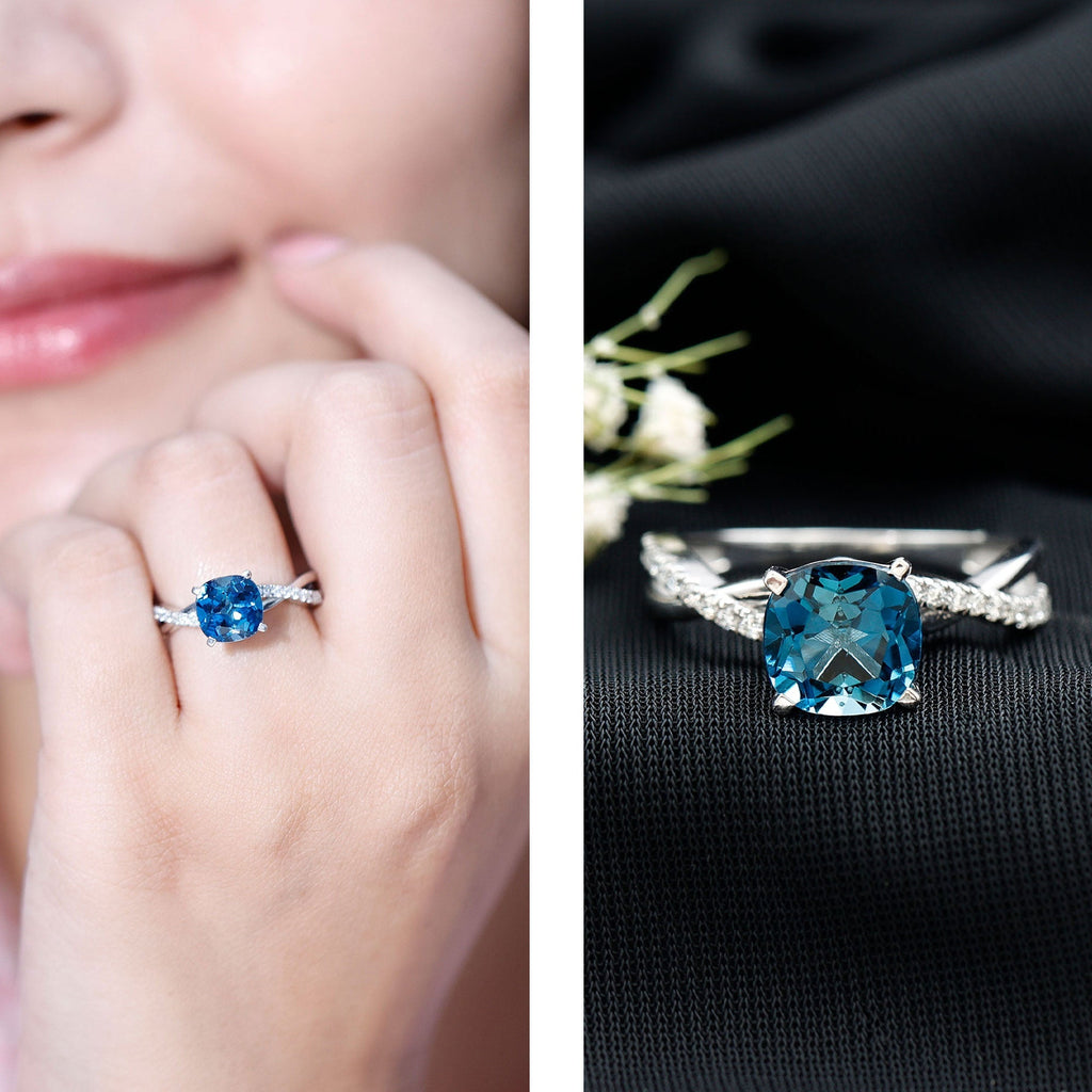 2.8 Carat Cushion Cut London Blue Topaz Solitaire Engagement Ring with Diamond Crossover Shank