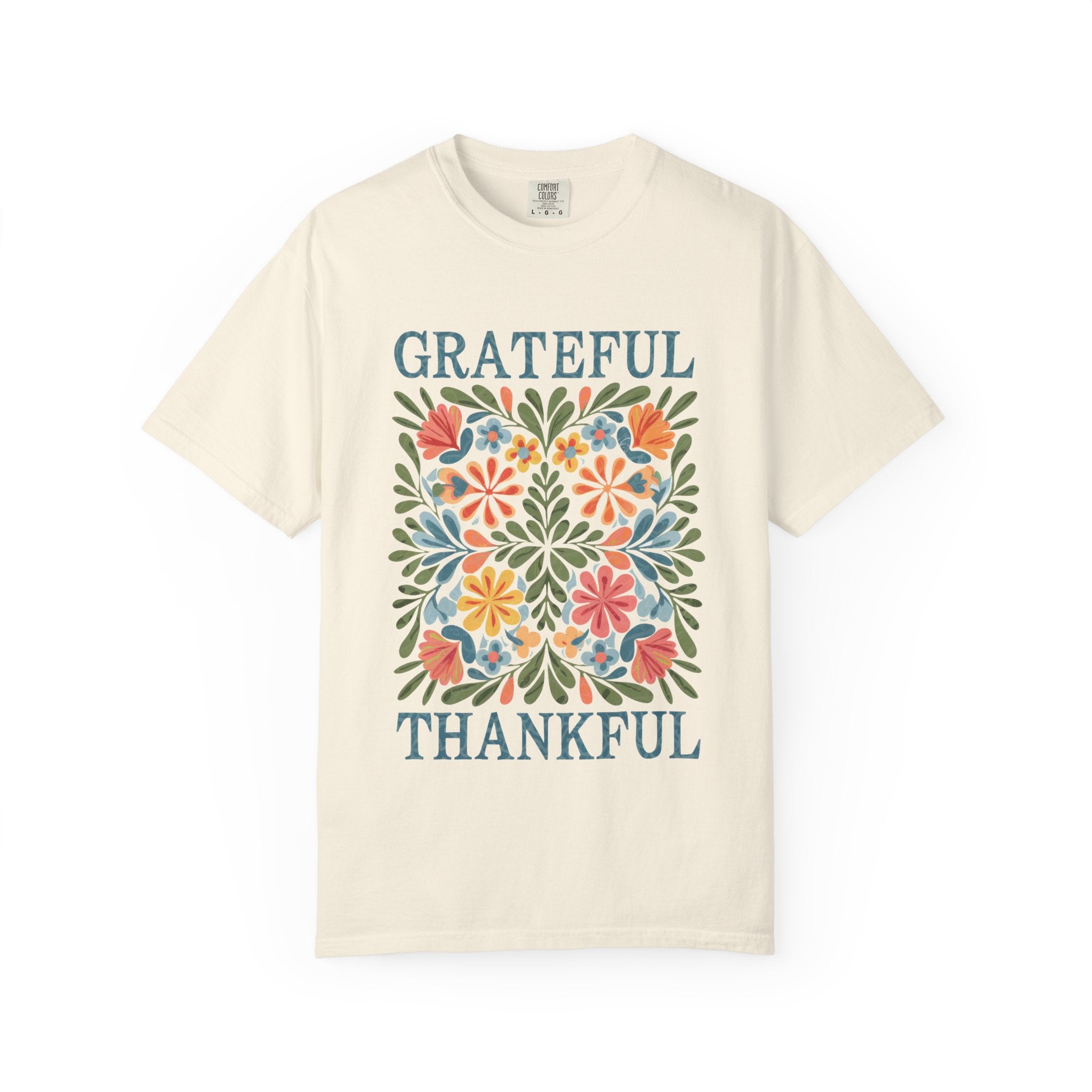 Grateful Thankful Tee - Cozy Fall T-Shirt With Floral Folk Art Design