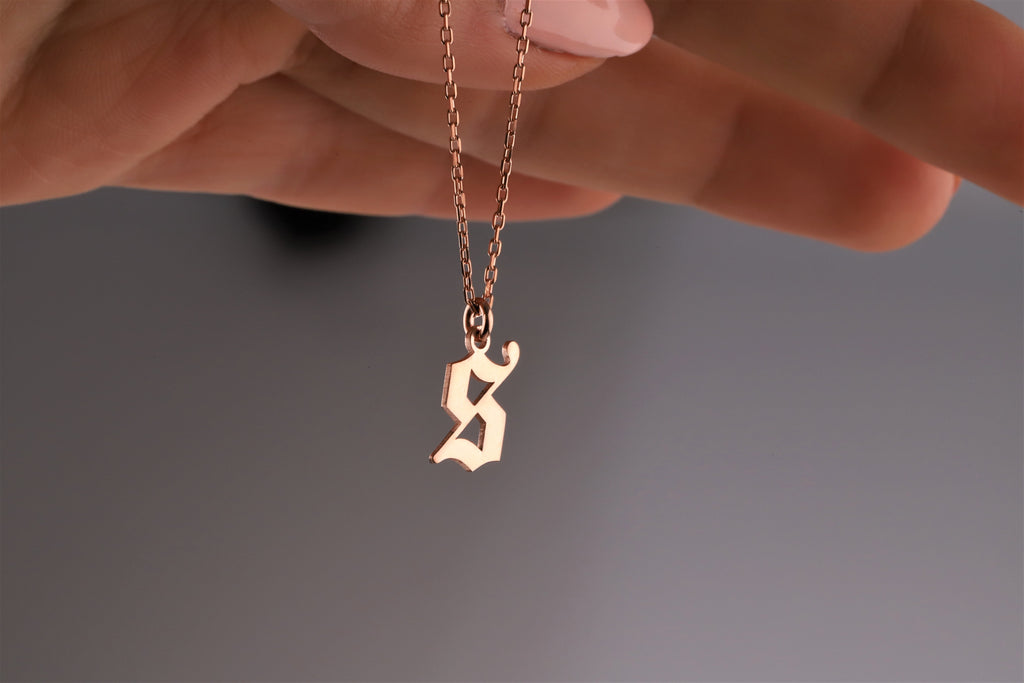 Old English Letter Necklace, 925 Sterling Silver Initial Pendant