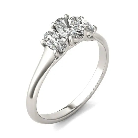 Lab Grown Diamond Ring – 1 CTW Oval Cut Three Stone Engagement | 14K White Gold Trellis Setting