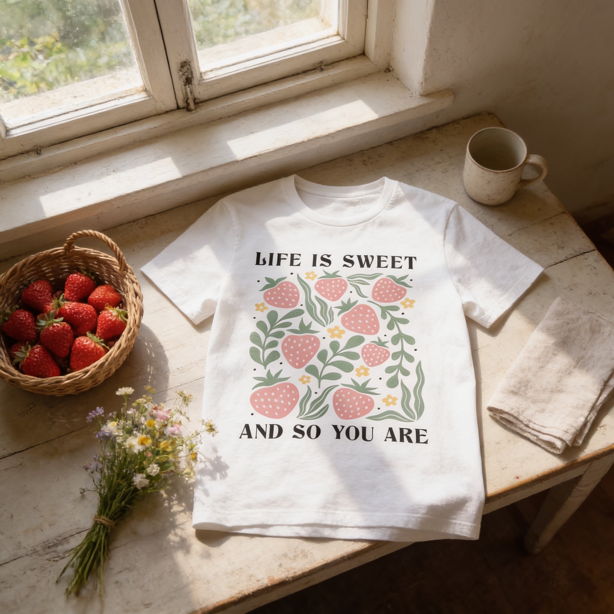 a white t-shirt with a floral design and the text "LIFE IS SWEET AND SO YOU ARE" printed on it, placed on a wooden table next to a basket of strawberries and a cup.