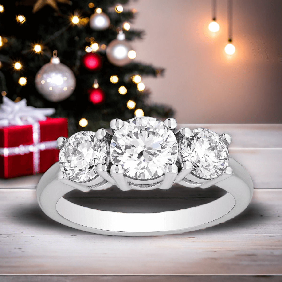 Lab Grown Diamond Ring – 3 Carat Three Stone Ring | 14K Gold Handcrafted Jewelry