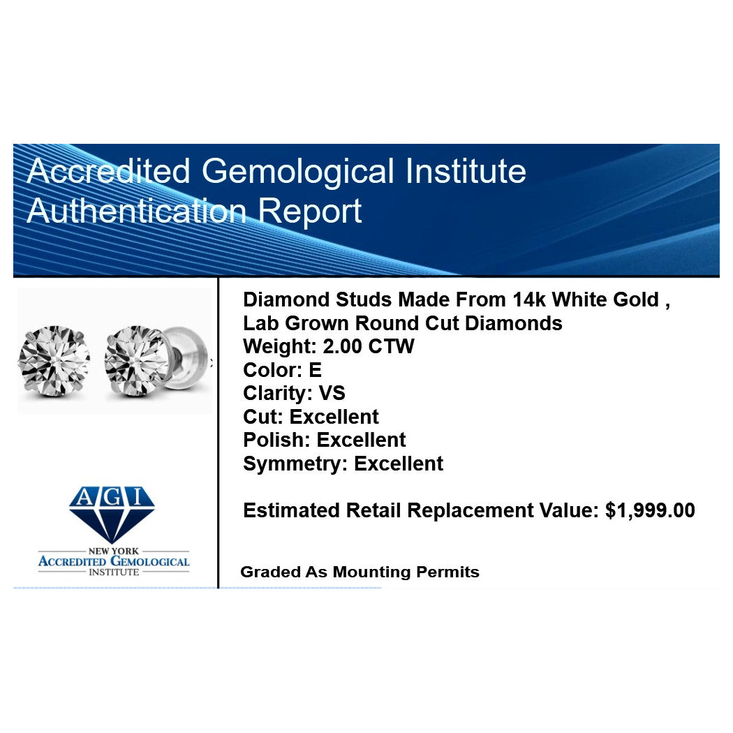 Lab Grown Diamond Earrings – 2 Carat Studs | 14K Gold, AGI Certified VS Clarity