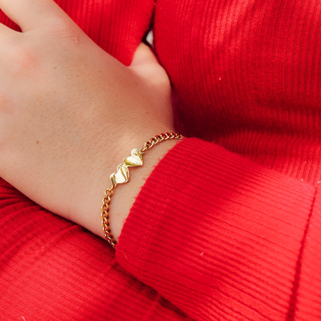 Engraved Heart Bracelet - 18K Gold PVD Stainless Steel Double Heart Design